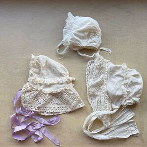 Thee antique handmade baby bonnets hats caps